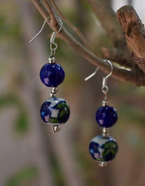 Two Bead Blue Pottery Earrings (Blue &White)